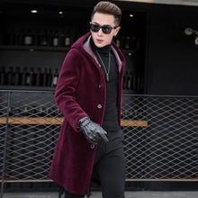 Load image into Gallery viewer, Luxury Shearling Men Overcoat Business Casual Slim Real Fur Sheep Shearing Hooded Long Coat Brand Winter Blazer Coat Plus Size