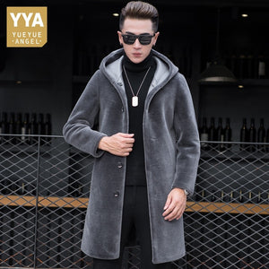 Luxury Shearling Men Overcoat Business Casual Slim Real Fur Sheep Shearing Hooded Long Coat Brand Winter Blazer Coat Plus Size